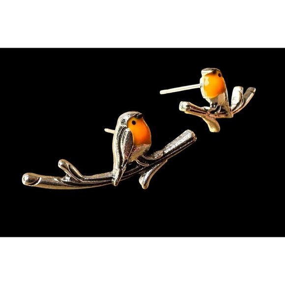 Robin Bird Earrings Ear Climbers New Orange Silver Tree Branch Loved One… - Picture 9 of 12